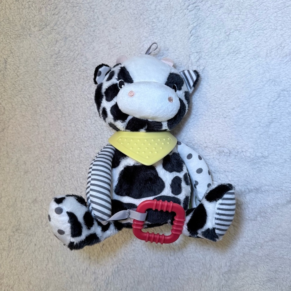 Adorable Cow Plush Toy with Teether - Black and White